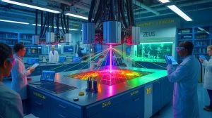 Illustration von dem weltweit leistungsstärksten Laser, der im ZEUS-Labor abgefeuert wurde. Bild durch KI generiert.