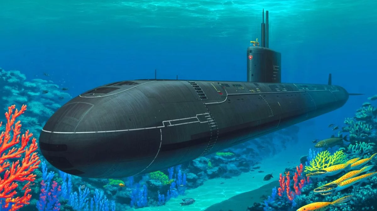 Illustration von einem Virginia-Block-V-Angriffsubmarin in der Unterwasserkriegsführung. Bild durch KI generiert.