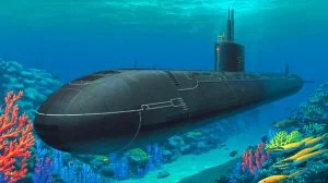 Illustration von einem Virginia-Block-V-Angriffsubmarin in der Unterwasserkriegsführung. Bild durch KI generiert.