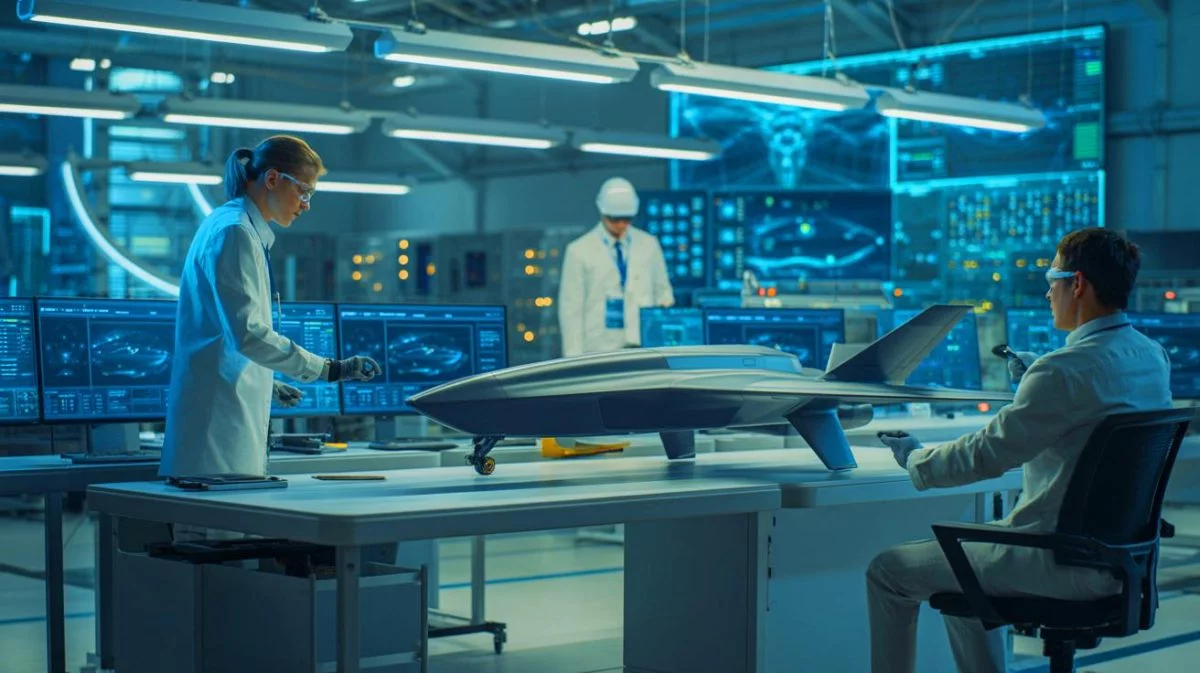 Illustration von chinesischen Ingenieuren, die an der Optimierung von Stealth-Drohnen arbeiten, mithilfe künstlicher Intelligenz erstellt.