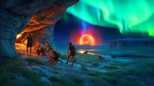 Illustration von der dramatischen Schwächung des Erdmagnetfelds während des Laschamps-Ereignisses vor 41.000 Jahren, erstellt durch künstliche Intelligenz.