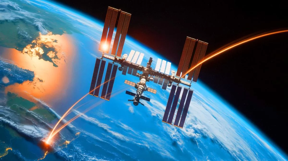 Illustration von der Internationalen Raumstation (ISS) mit einem Luftleck im Zvezda-Modul, erstellt durch künstliche Intelligenz.