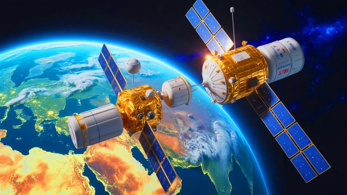 Illustration von Chinas erfolgreicher orbitaler Betankungsmission, erstellt mithilfe künstlicher Intelligenz.