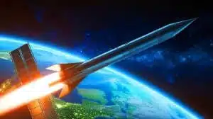 Illustration von Hyperschallraketen, die aus dem Weltraum gestartet werden, erstellt mit künstlicher Intelligenz.