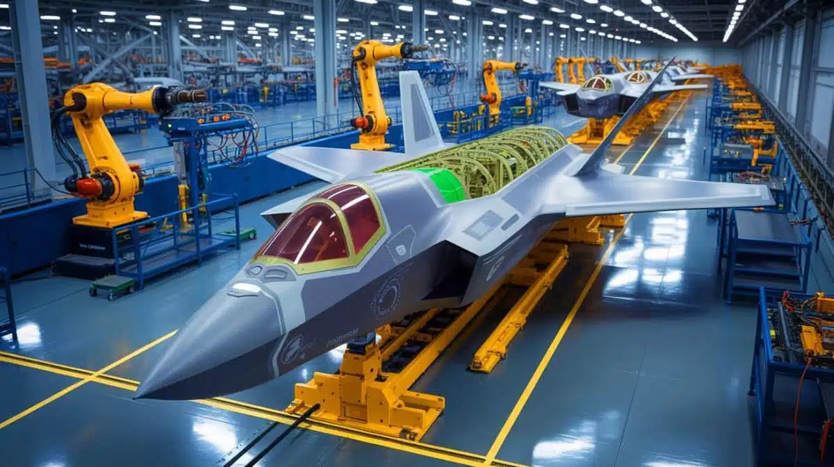 Illustration von der fortschrittlichen Fertigung der F-35 Lightning II Kampfjets durch Northrop Grumman mithilfe künstlicher Intelligenz.