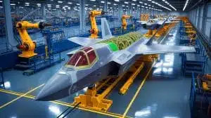 Illustration von der fortschrittlichen Fertigung der F-35 Lightning II Kampfjets durch Northrop Grumman mithilfe künstlicher Intelligenz.