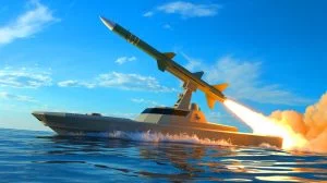 Illustration von einem autonomen Schiff der Ghost Fleet Overlord, das eine SM-6 Rakete abfeuert.