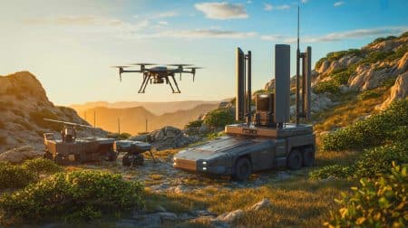 Illustration de la station de base mobile 5G chinoise révolutionnant la communication militaire.