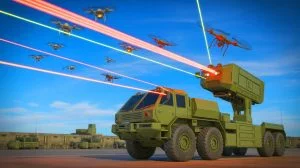 Illustration of a truck-mounted laser weapon system designed to neutralize drone swarms.