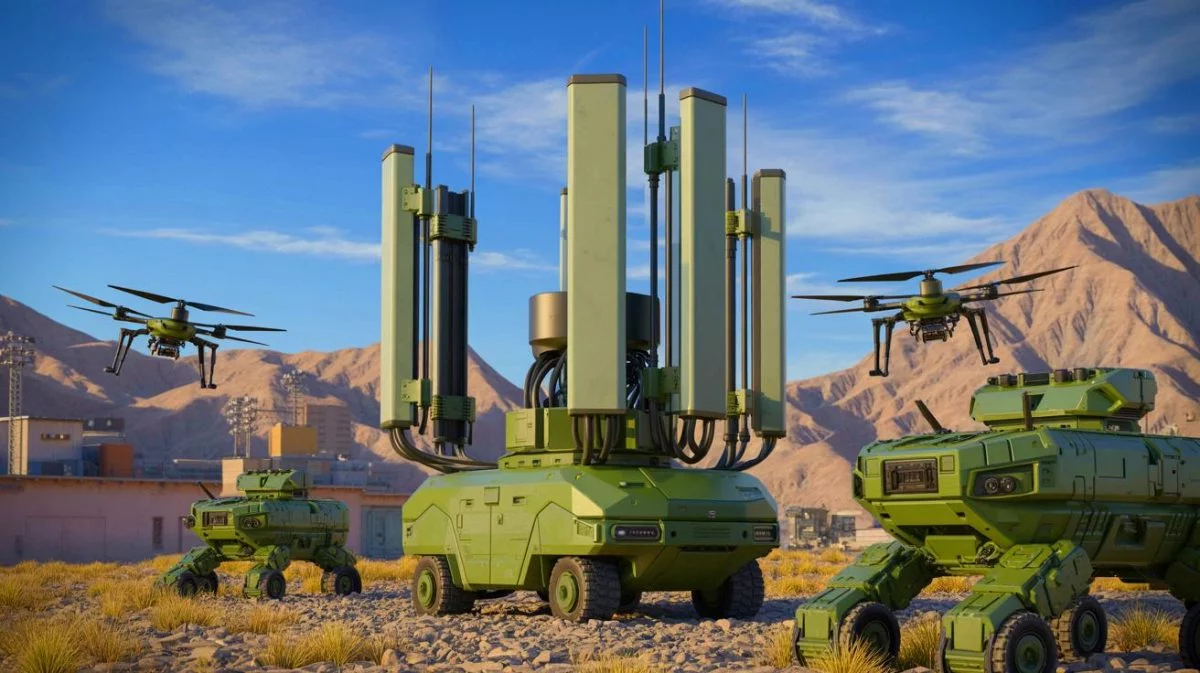 Illustration of China's mobile 5G base station designed for military communication.