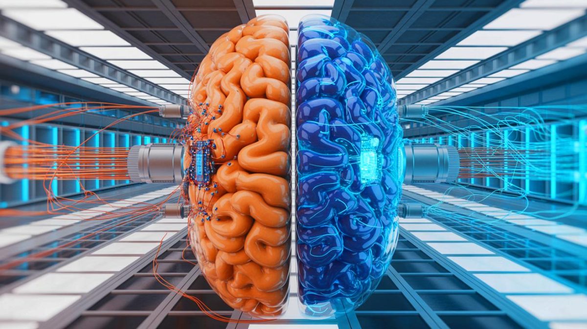 Illustration of large language models mimicking human cognitive processes.