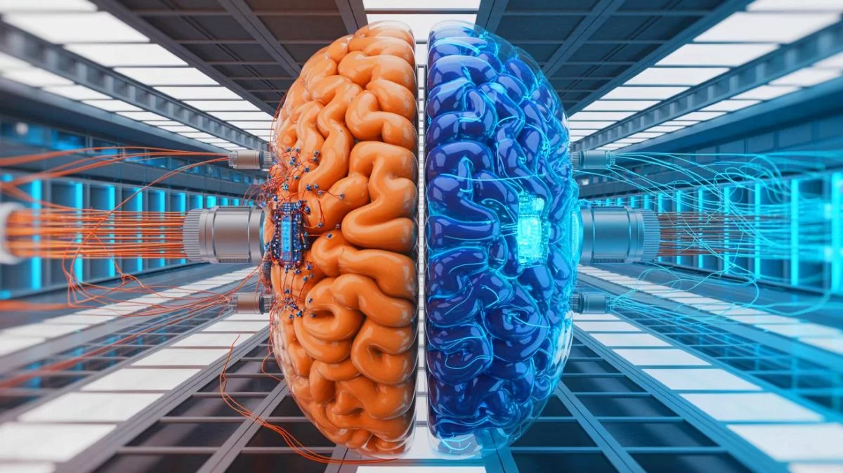 Illustration of large language models mimicking human cognitive processes.