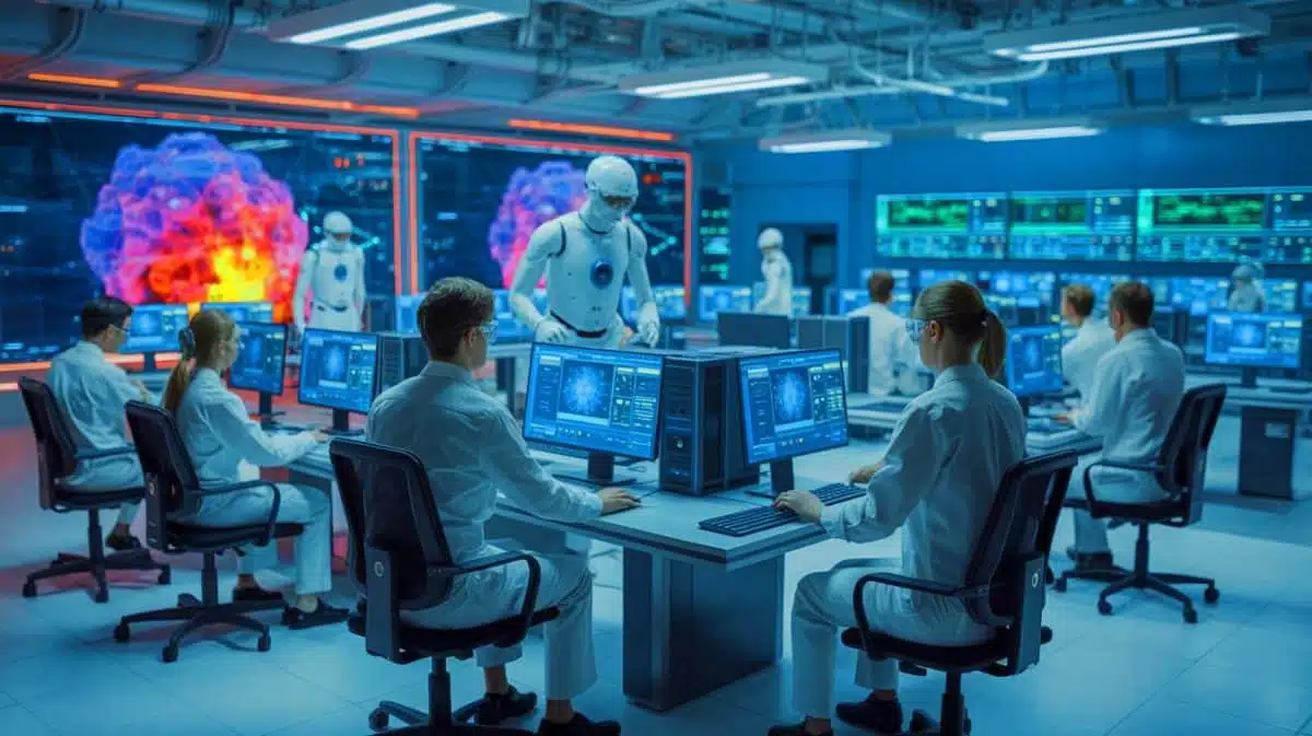 Illustration of scientists using artificial intelligence on supercomputers to advance nuclear fusion research.