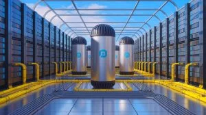 Illustration of advanced small modular reactors being deployed to meet the growing energy demands of data centers.