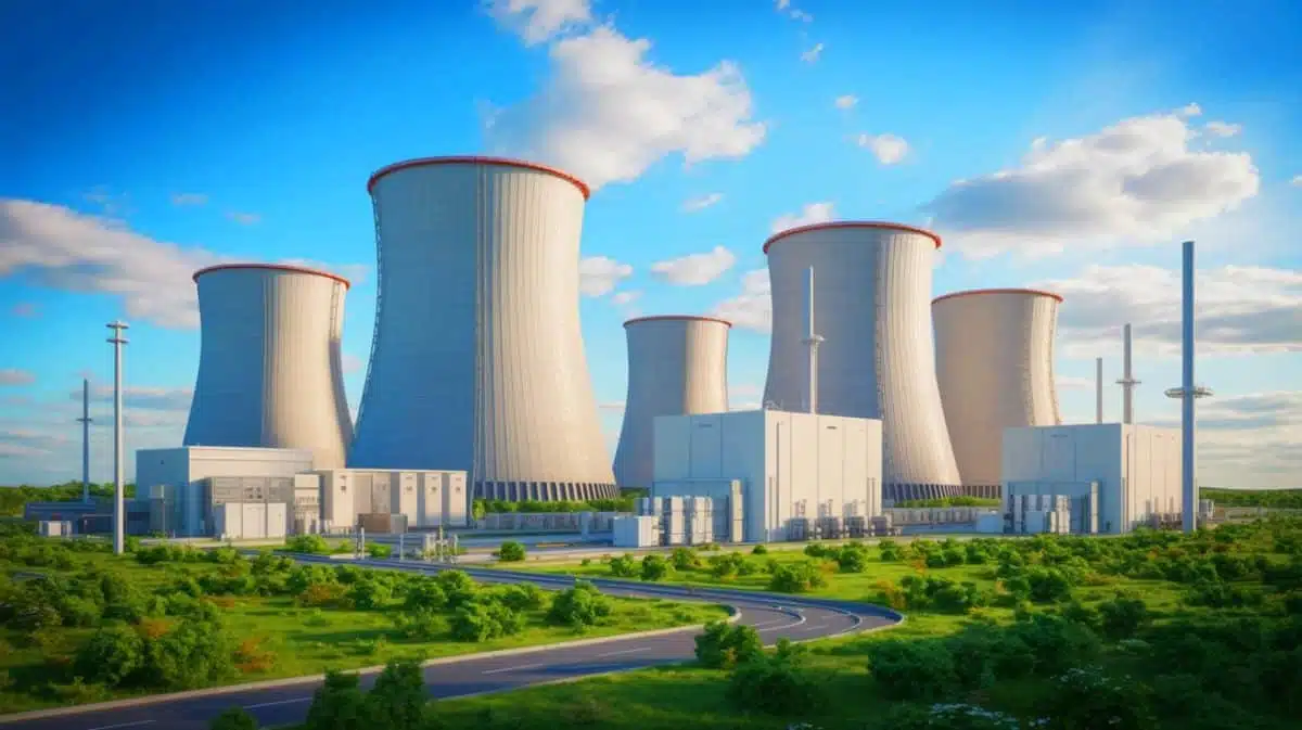Illustration of advanced small modular reactors being deployed to meet the growing energy demands of data centers.
