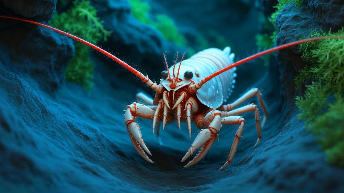 Illustration of the newly discovered crustacean species Dulcibella camanchaca in the Atacama Trench.