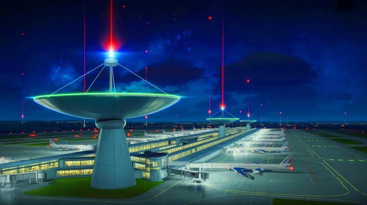 Illustration of airport radar systems potentially broadcasting signals to extraterrestrial civilizations.