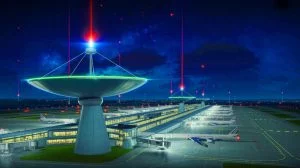 Illustration of airport radar systems potentially broadcasting signals to extraterrestrial civilizations.