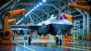 Illustration of Northrop Grumman's advanced assembly line producing F-35 Lightning II fighter jet fuselages.