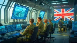 Illustration de l'armée britannique utilisant le système ASGARD pour améliorer l'efficacité militaire grâce à l'intelligence artificielle.