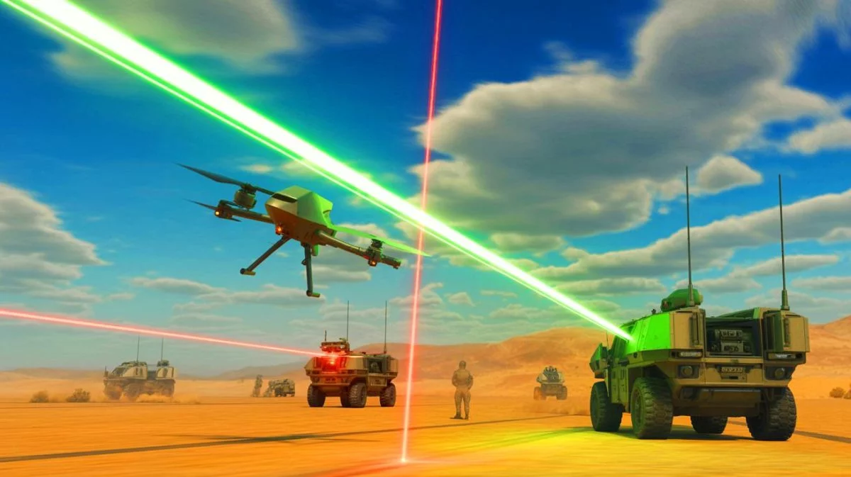 Illustration of the deployment of high-energy laser weapons in combat.