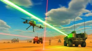 Illustration of the deployment of high-energy laser weapons in combat.