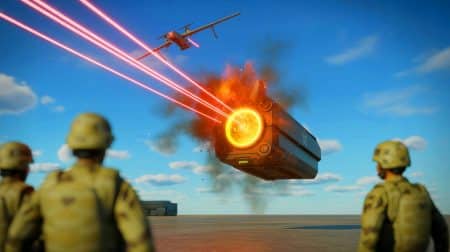 Illustration de l'utilisation inédite de lasers à haute énergie par l'armée israélienne pour détruire des drones ennemis.