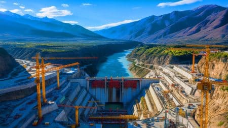 Illustration de la construction du plus grand barrage hydroélectrique du monde sur le fleuve Yarlung Tsangpo au Tibet.