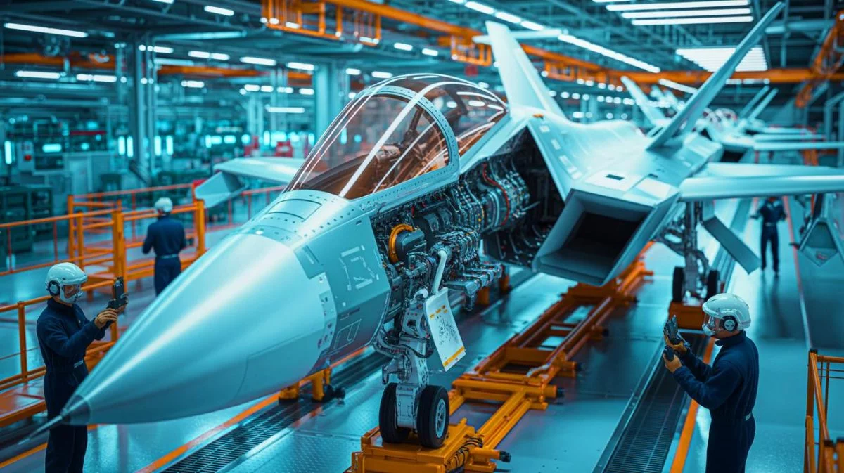 Illustration de la chaîne de production avancée du fuselage central du F-35 par Northrop Grumman.