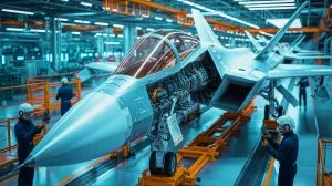 Illustration de la chaîne de production avancée du fuselage central du F-35 par Northrop Grumman.
