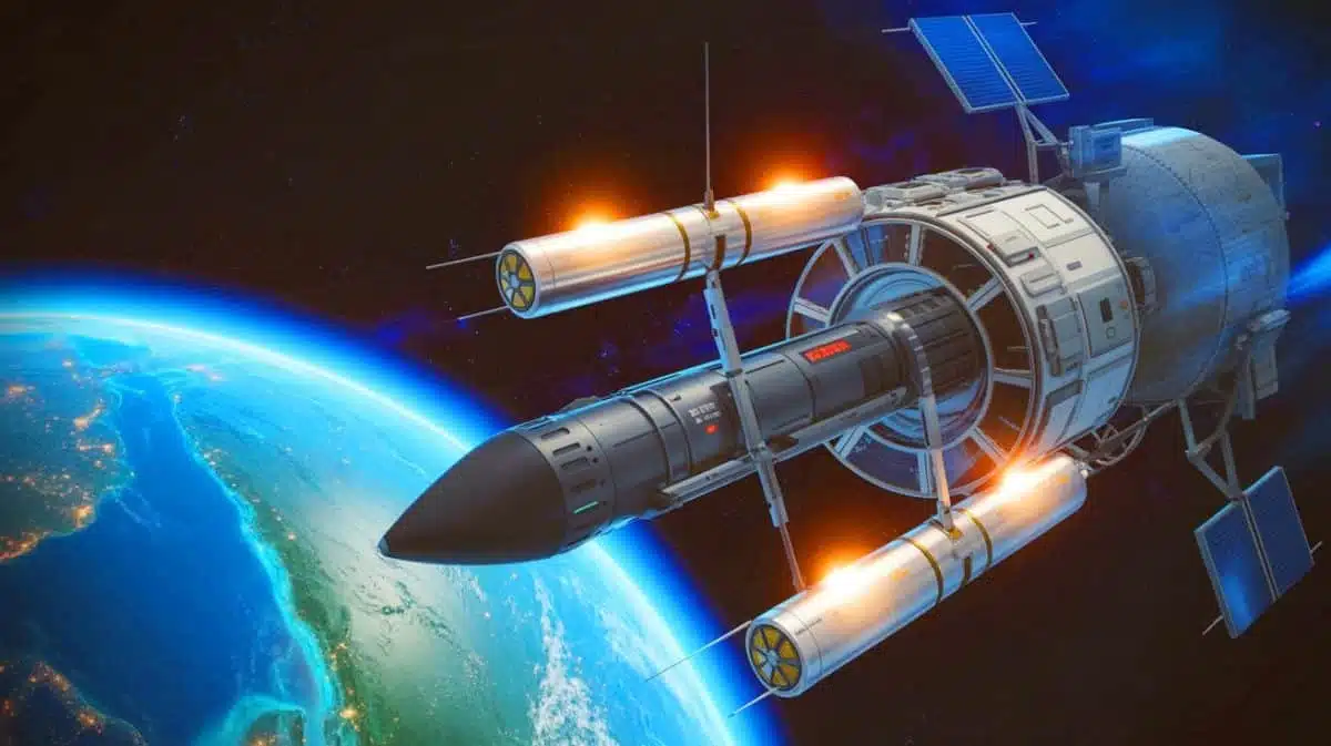 Illustration de la défense antimissile spatiale du projet Dôme d’or.