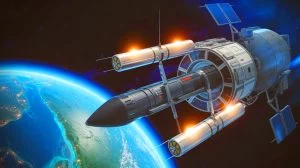 Illustration de la défense antimissile spatiale du projet Dôme d’or.