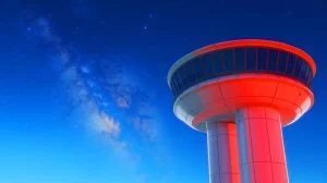 Illustration de radars aéroportuaires émettant des signaux dans l'espace pouvant être détectés par des civilisations extraterrestres.