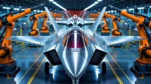 Illustration de la production accélérée de fuselages centraux pour le F-35 par Northrop Grumman.