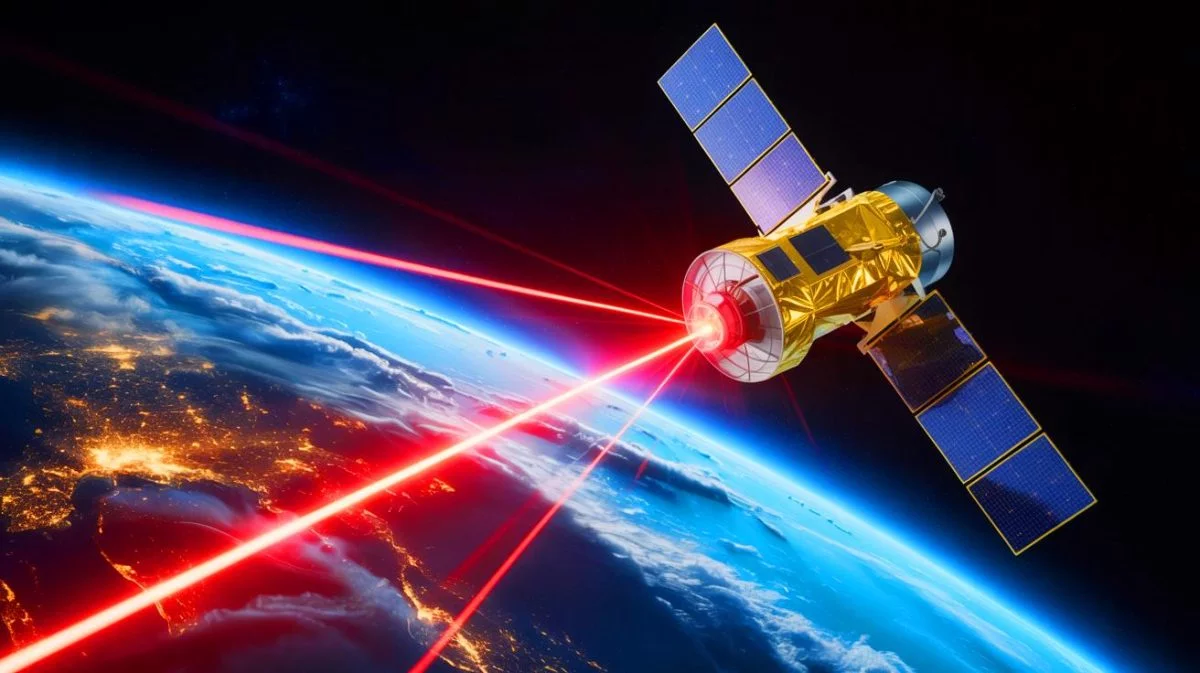 Illustration de la transmission de données par laser à haute vitesse depuis l'espace.
