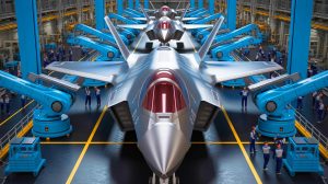 Illustration de la production accélérée et automatisée des fuselages centraux des F-35 Lightning II par Northrop Grumman.