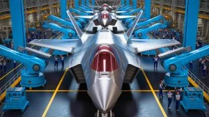 Illustration de la production accélérée et automatisée des fuselages centraux des F-35 Lightning II par Northrop Grumman.