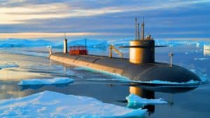 Illustration of nuclear-powered submarines transporting liquefied natural gas through the Arctic's Northern Sea Route.