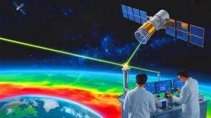 Illustration of Chinese Scientists Using a 2-Watt Laser for Data Transmission Through Earth's Atmosphere.