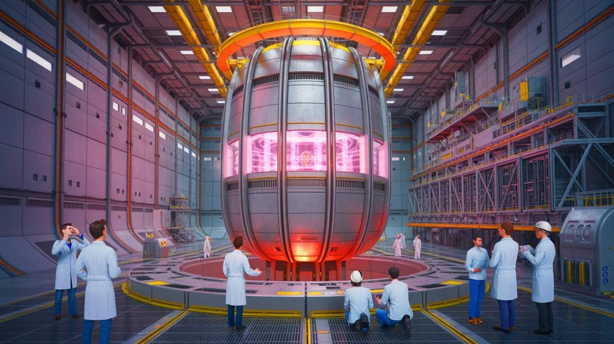 Illustration of the ITER fusion reactor model, highlighting international collaboration and energy innovation.