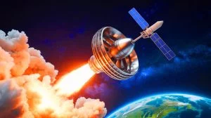 Illustration of SpinLaunch's centrifugal cannon technology revolutionizing satellite launches.