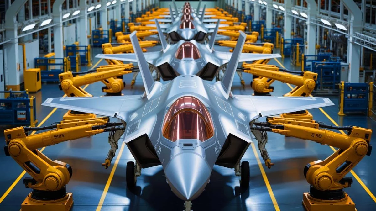 Illustration of Northrop Grumman's advanced manufacturing facility producing an F-35 Lightning II central fuselage.