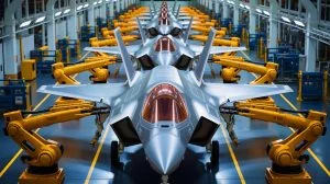 Illustration of Northrop Grumman's advanced manufacturing facility producing an F-35 Lightning II central fuselage.