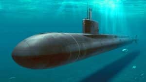 Illustration of the Virginia Block V attack submarine with its enlarged hull and advanced stealth capabilities.