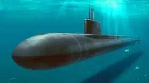 Illustration of the Virginia Block V attack submarine with its enlarged hull and advanced stealth capabilities.