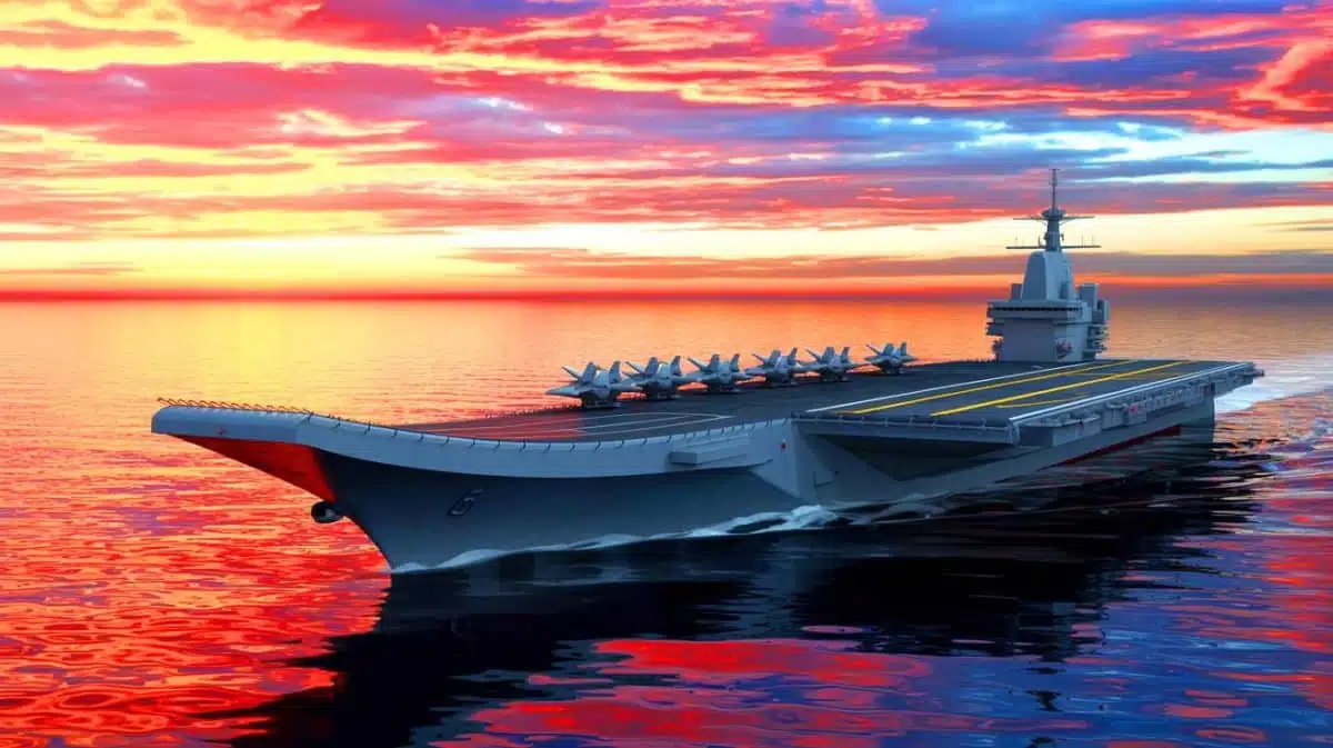 Illustration of China's Fujian aircraft carrier at sea.