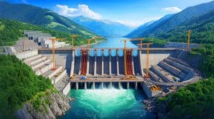 Illustration of the Yarlung Tsangpo River with China's mega hydropower dam under construction.