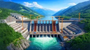 Illustration of the Yarlung Tsangpo River with China's mega hydropower dam under construction.