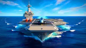 Illustration of China's aircraft carrier Fujian conducting catapult take-off trials.