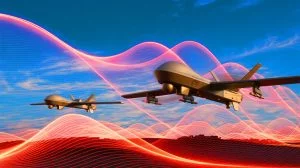 Illustration of drones creating a null zone for electronic warfare operations.